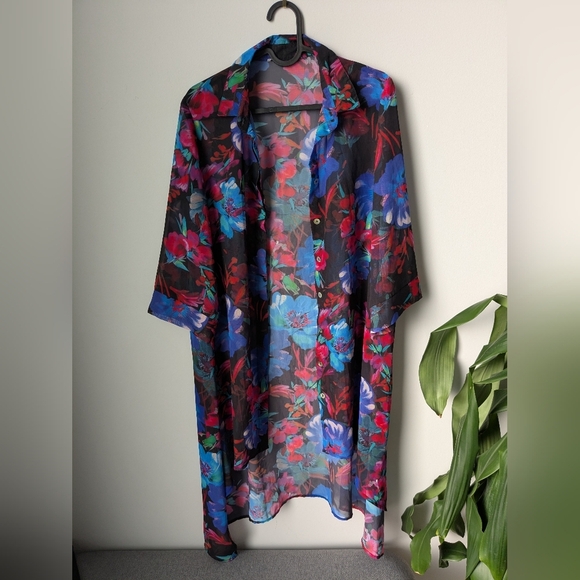 Floral Tunic Blouse High Low Button Front - Floral Sheer Size M - Picture 1 of 5